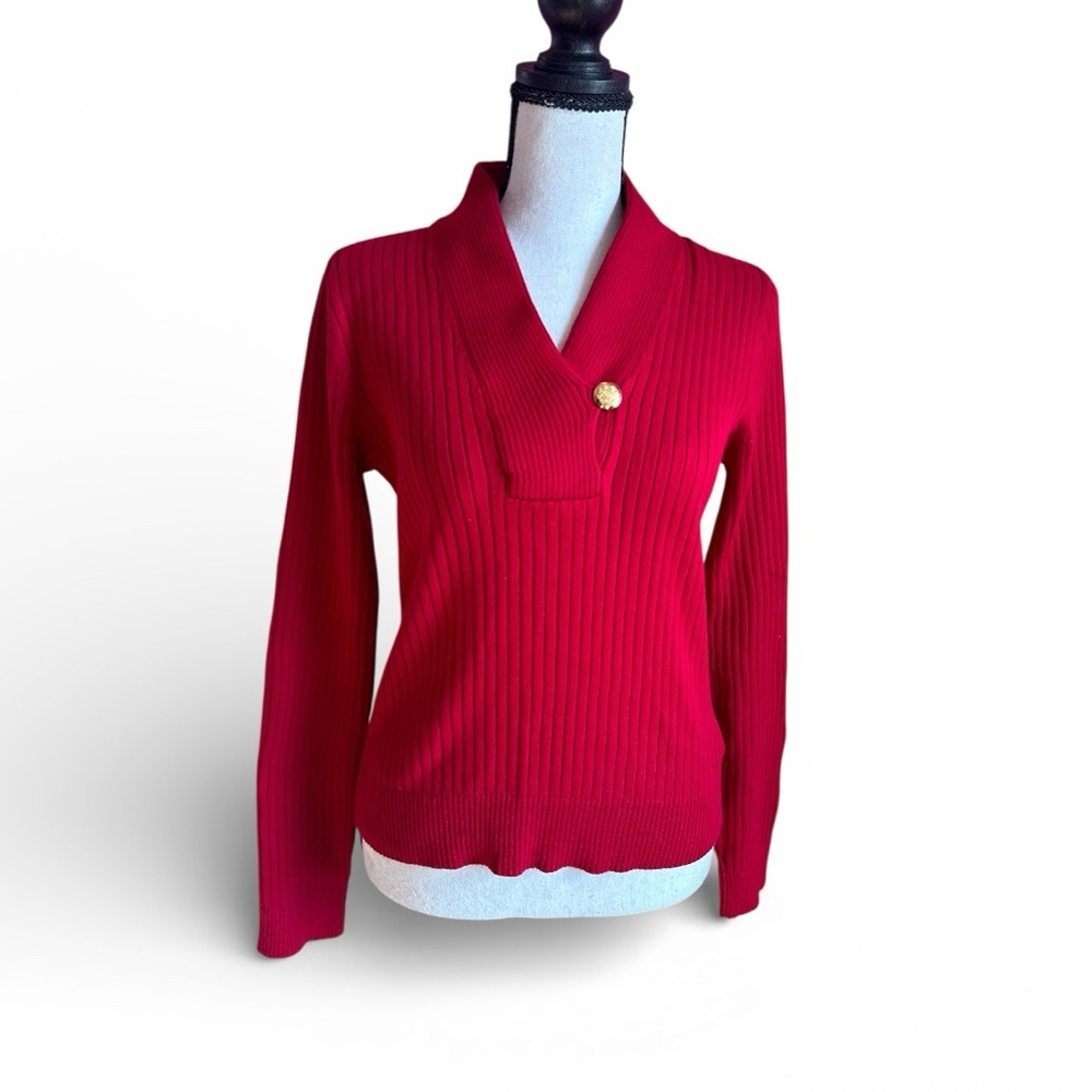 Lauren Ralph Lauren Petite Red Cotton Ribbed Sweater Gold Button V Neck P/S